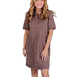 NWOT RAE MODE Sporty Women's Mocha Brown Collared Half Zip T Shirt Dress Sz L